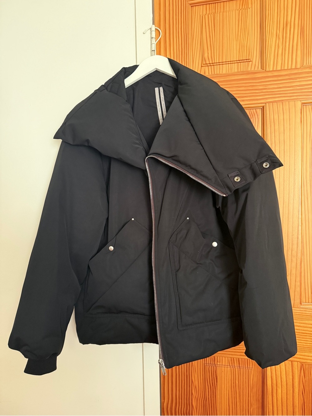 Rick Owens Black Men's Puffer Jacket with Oversized Funnel Collar